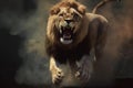 A male lion attacks and pounces with a powerful and ferocious expression while billowing a cloud of smoke.Generative AI.