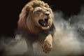 A male lion attacks and pounces with a powerful and ferocious expression while billowing a cloud of smoke.Generative AI.