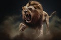 A male lion attacks and pounces with a powerful and ferocious expression while billowing a cloud of smoke.Generative AI.