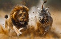 Male lion chasing zebra in the dust. A lion and zebra fighting in the African savannah Royalty Free Stock Photo
