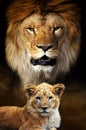 Male lion and cub portrait on savanna landscape background