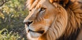 Male lion face with the forest in the blurry background Royalty Free Stock Photo
