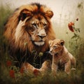 A male lion with his lion cub in the grass Royalty Free Stock Photo