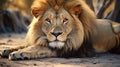 Male lion (Panthera leo) lying in the sand at sunset Generative AI Royalty Free Stock Photo