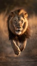 Male lion running towards camera in early morning light, Kruger National Park, South Africa. Generative AI Royalty Free Stock Photo