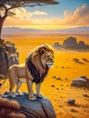 Male lion standing on rocks overlooking vast Savannah plains of Africa