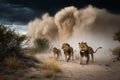 Male lions flee from a sandstorm in the African savannah. Amazing African Wildlife. Generative Ai