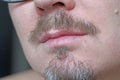 Male lips, mustache and beard close-up. Gray hair Gray beard. Beautiful mustache and beard