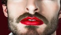 Male lips red make up lipstick close up LGBT person with thick mustache and unshaven face