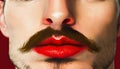 Male lips red make up lipstick close up LGBT person with thick mustache and unshaven face