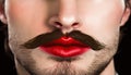 Male lips red make up lipstick close up LGBT person with thick mustache and unshaven face