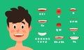 Male lips sync animation. Man character talking mouth expressions, speaking face animations flat vector illustration