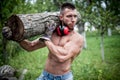 Male lumberjack handsome man cutting trees and moving logs Royalty Free Stock Photo