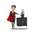 Male magician in black suit and red cape performing his trick rabbit appearing from a magic top hat cartoon vector Royalty Free Stock Photo