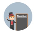 Male magician standing with magic show board