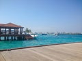 Male, Maldives - February 10, 2017: Terminal of Male airport MLE in the Maldives. View from the pier to the beautiful sea and