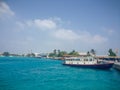 Male, Maldives - February 16, 2017: Terminal of Male airport MLE in the Maldives. View from the pier to the beautiful sea and