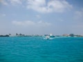 Male, Maldives - February 16, 2017: Terminal of Male airport MLE in the Maldives. View from the pier to the beautiful sea and