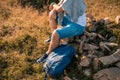 Male man traveler on the background of the Caucasian mountains Royalty Free Stock Photo