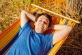 Male man in yellow hammock. Summer portrait, smiling young european white caucasian 34 years old man in blue t shirt, vacation Royalty Free Stock Photo