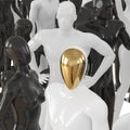 Male mannequin with a golden face on a background of a group of black and white mannequins. 3D rendering Royalty Free Stock Photo