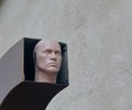 Male mannequin head in a box.