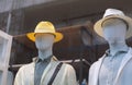Male mannequins sport casual style in the window of a men`s clothing store Royalty Free Stock Photo