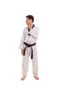 Male martial artist neck stretch sideways, full body