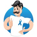 Male mascot supporting blue November, against prostate cancer, wearing a white shirt with blue tape and mustache