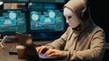 Male masked scammer stealing information from database program Royalty Free Stock Photo