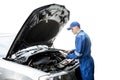 Male mechanic repairing a car with tablet