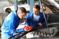 Male mechanics fixing car in service center Royalty Free Stock Photo