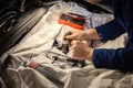 Male mechanics at the garage fixing a car Royalty Free Stock Photo