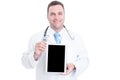 Male medic or doctor holding tablet with black screen