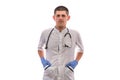 Male medical doctor in uniform with stethoscope isolated on white Royalty Free Stock Photo