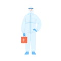 Male medical worker in protective suit and mask vector illustration. Man doctor wearing safety uniform holding aid kit