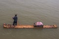 Male merchant on fllimsy raft on Li River in Guilin, China
