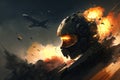 male military pilot at war with a falling burning plane on background. Generative AI illustration