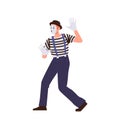 Male mime actor cartoon character with face makeup wearing cute costume performing comedy on street