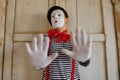 Male mime artist, gesture scene, parody comedy Royalty Free Stock Photo