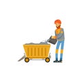 Male miner in uniform working in mine with trolley, professional miner at work, coal mining industry vector Illustration