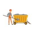 Male miner working in mine with wheelbarrow and shovel, professional miner at work, coal mining industry vector