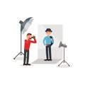 Male model in fashion clothes posing at photo session, photographer making photos in photo studio vector Illustration