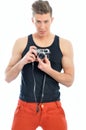 Male model is holding the camera