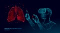 Male modern doctor operate human lungs cancer. Virtual reality assistance laser operation. 3D VR headset augmented