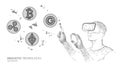 Male modern trader manage blockchain system. Virtual reality assistance administration data operation. 3D VR headset