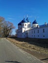 Male monastery in Veliky Novgorod attractions. Old building. Architecture.Blue dome