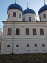 Male monastery in Veliky Novgorod attractions. Old building. Architecture.Blue dome