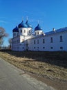 Male monastery in Veliky Novgorod attractions. Old building. Architecture.Blue dome