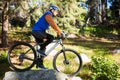 Male mountain biker riding bicycle in the forest Royalty Free Stock Photo